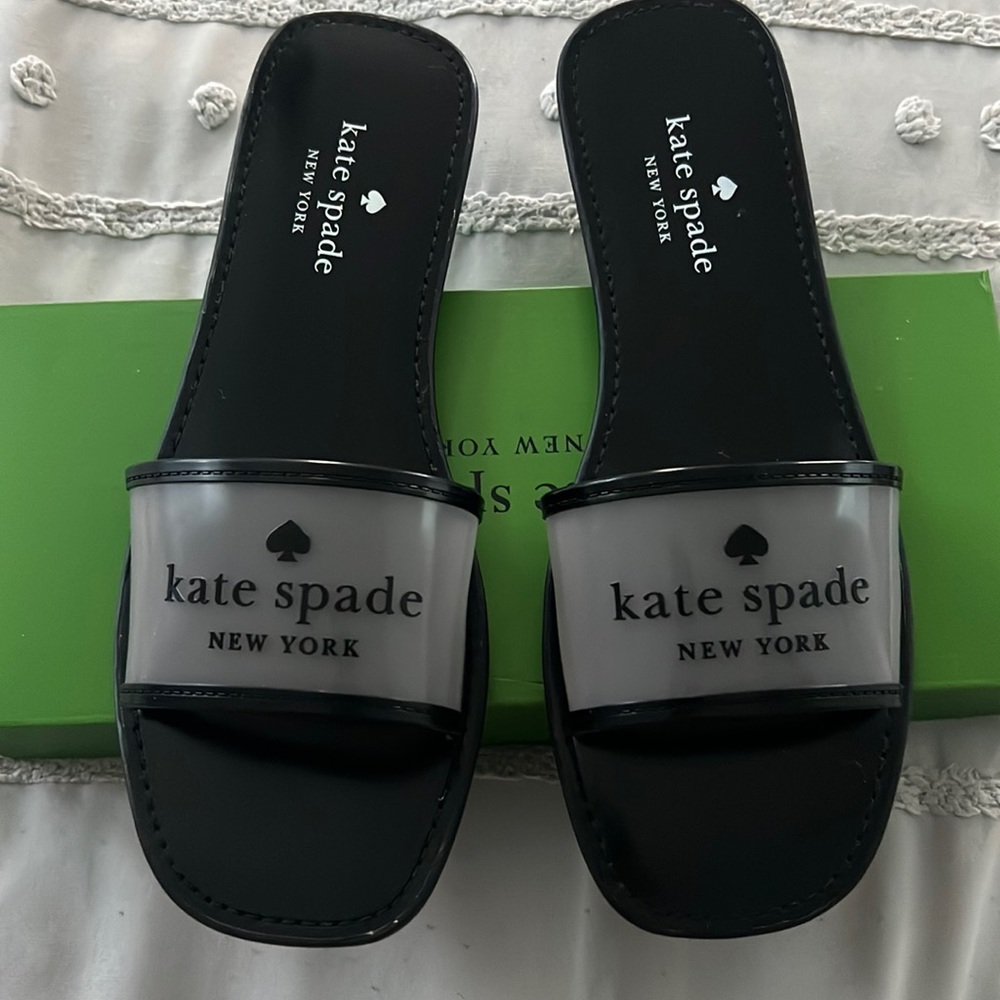 Black clear sandals with the words Kate Spade in the front. Never been worn